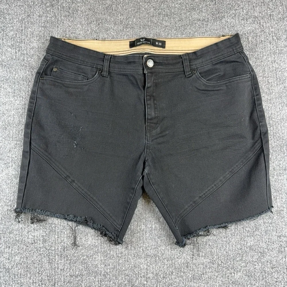 Nick Danger Shorts Mens 38 Black Denim Biker Distressed 8 Inseam Raw Hem Stretch